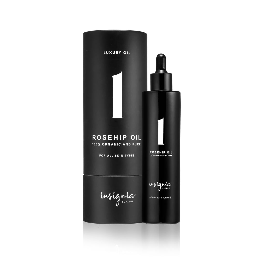 Insignia London No. 1 Luxury Rosehip Oil 100ml black glass bottle with luxury branded box on white background