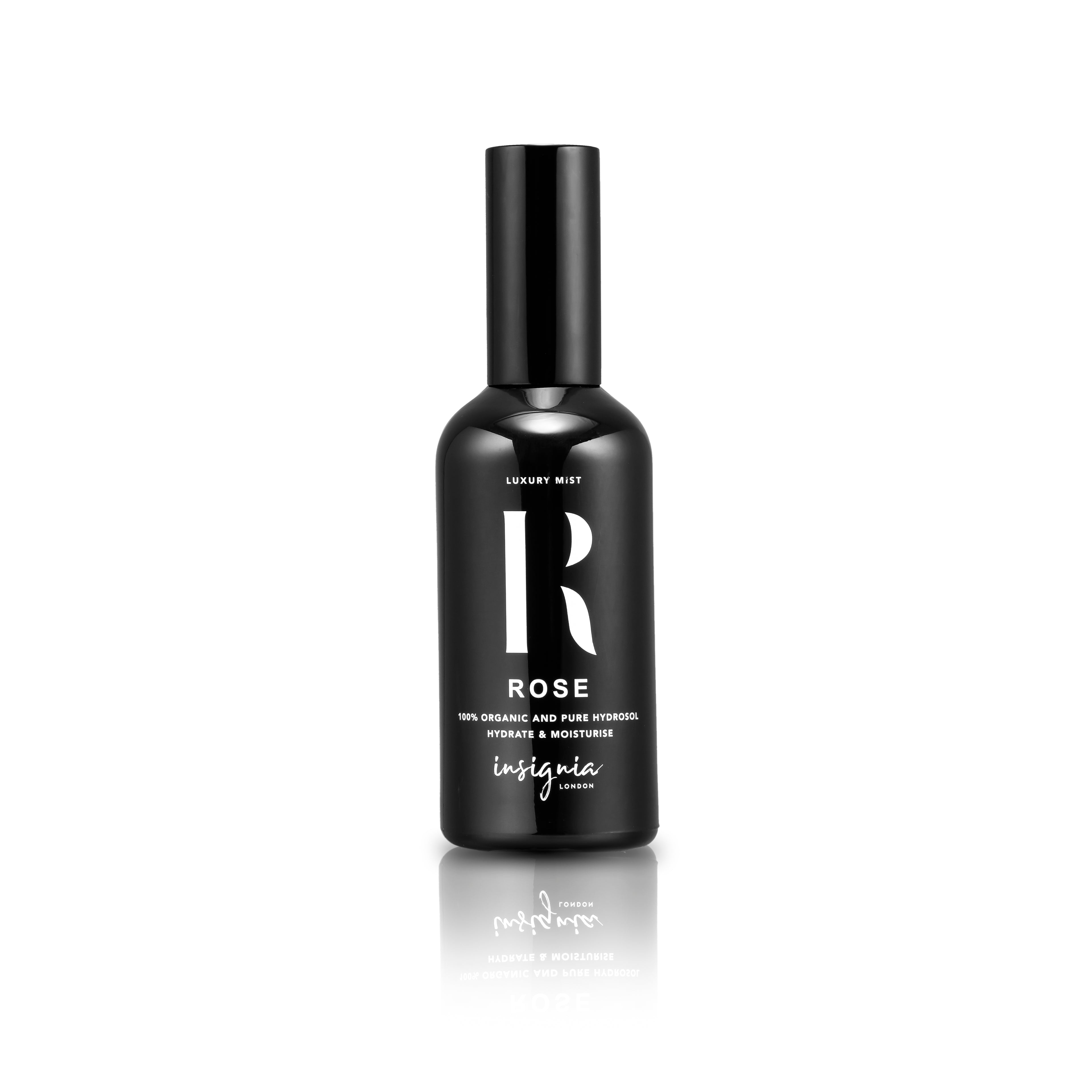 Insignia London Organic Rose Face Mist 100ml black bottle on white background.