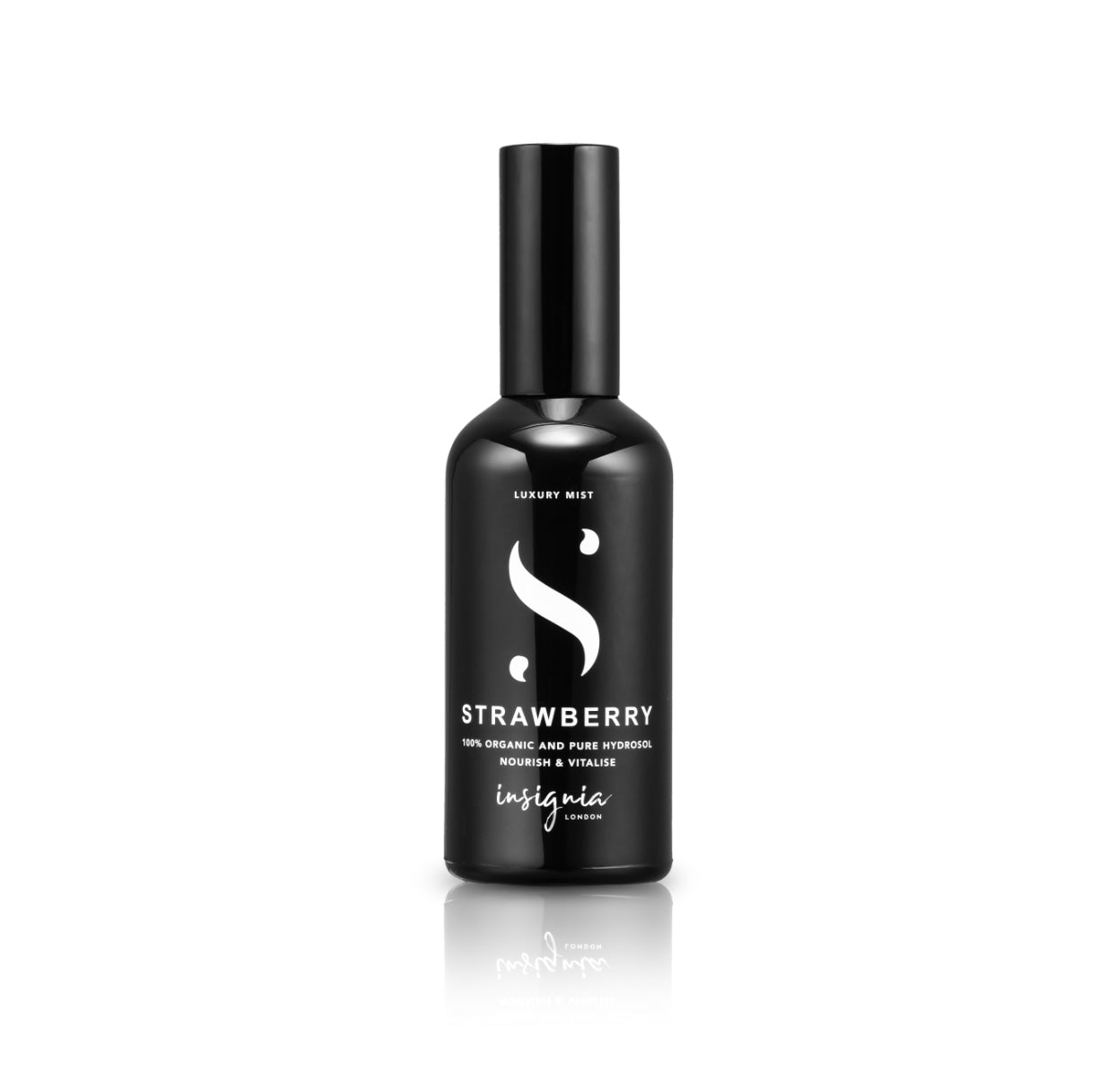 Insignia London Organic Strawberry Face Mist 100ml black bottle on white background.
