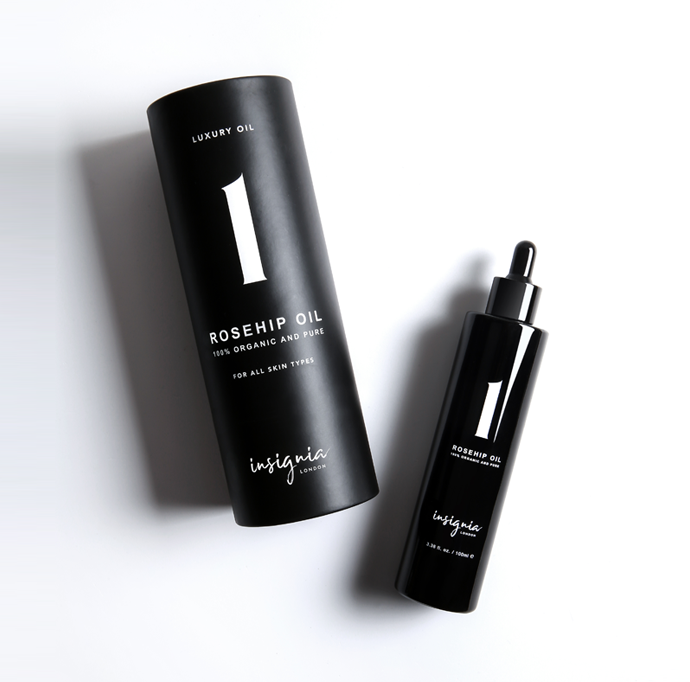 Insignia London No. 1 Luxury Rosehip Oil 100ml black glass dropper bottle with luxury gift box on white background 