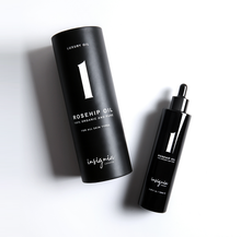 Insignia London No. 1 Luxury Rosehip Oil 100ml black glass dropper bottle with luxury gift box on white background 
